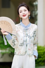 新中式国风阔腿裤女2024夏季新款气质禅意刺绣盘扣上衣，女装防晒衣，韩美纤衣