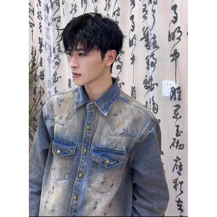 复古蓝牛仔衬衫外套男废土风重磅外套做旧N985-P70,男装衬衫,星座1109-3