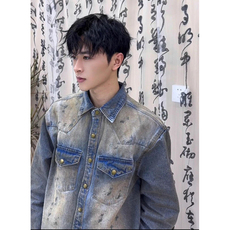 复古蓝牛仔衬衫外套男废土风重磅外套做旧N985-P70，男装衬衫，星座1109-3