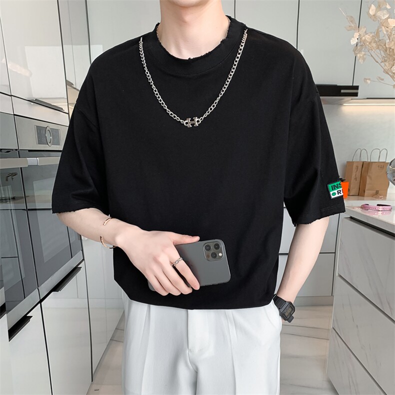 2022磨边工艺休闲宽松纯色圆领短袖T恤男送项链79009-p48控68,男装T恤,电商D303