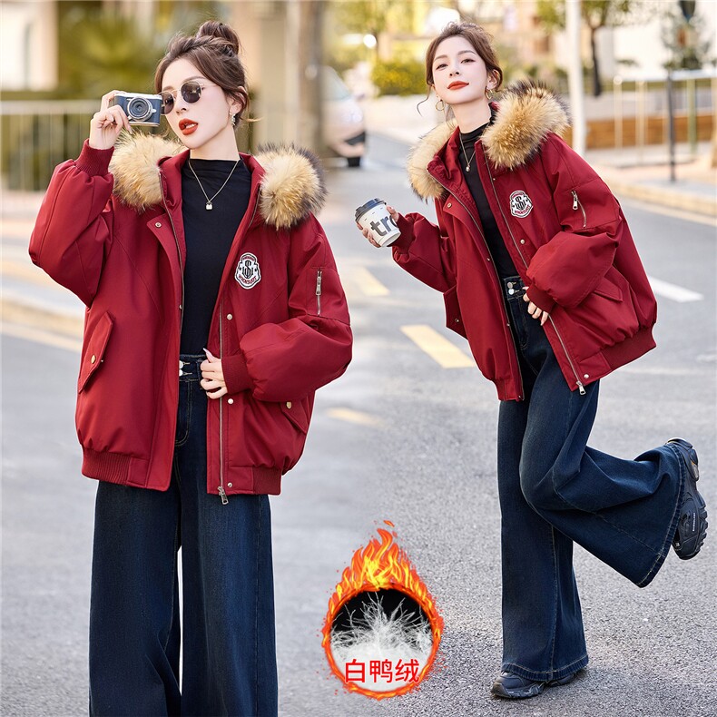 明星同款年货款真毛领连帽工装派克白鸭绒羽绒服，女装羽绒服，采品优优