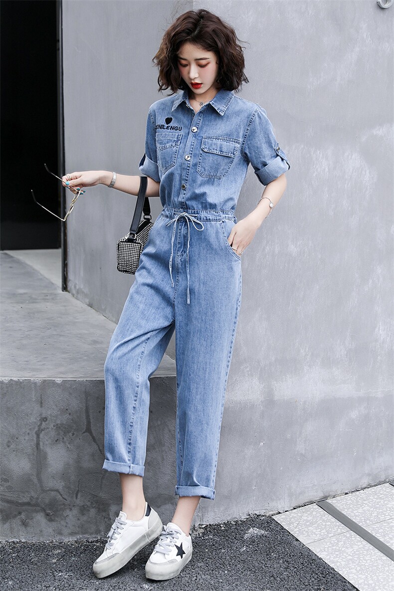 休闲牛仔连体裤女2024春夏新款高腰时尚显瘦百搭工装小个子连衣裤,女装休闲裤,慧尚依恋