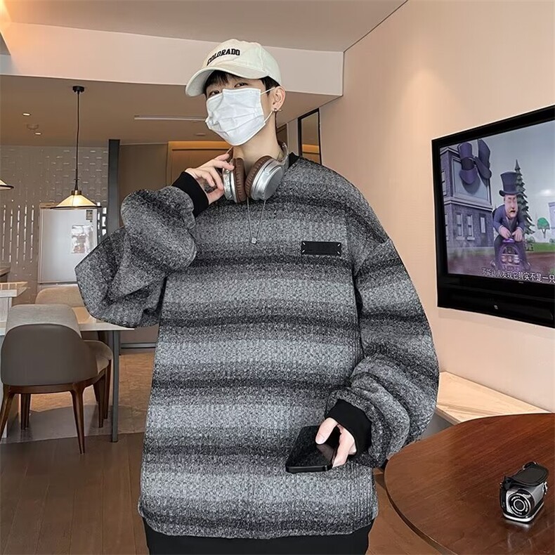 条纹中山卫衣男士秋冬季慵懒风外套美式复古圆领宽松上衣,女装短外套,星座1013