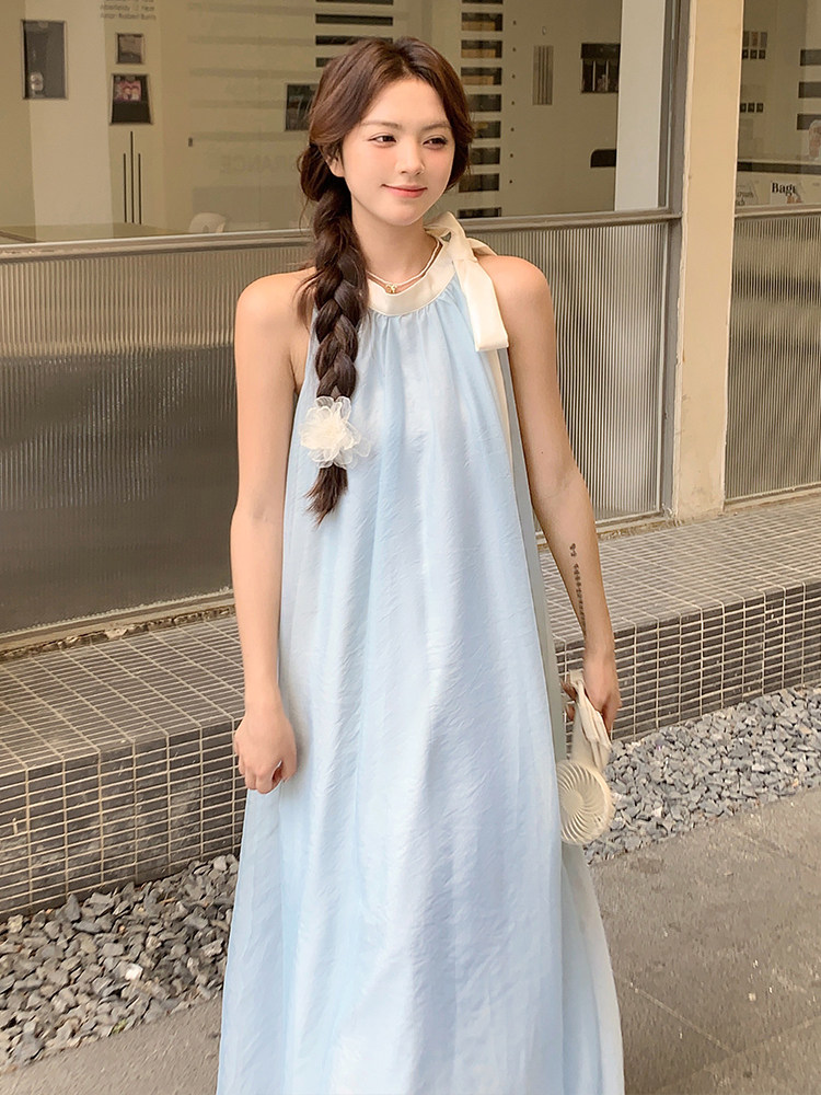 法式无袖挂脖连衣裙女2025夏季新款气质高级感绝美超仙度假风长裙,女装连衣裙,浙宝305