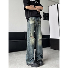 美式复古vibe破洞牛仔裤男女同款夏季高街宽松微喇裤子N00666-p48，男装牛仔裤，星座1008