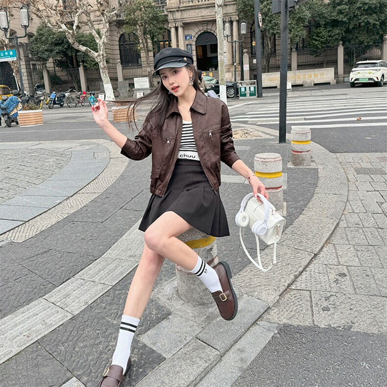 网红同款欧货新款复古泫雅风甜酷独特小众时尚皮外套女2024年春季，女装皮衣，江南女神