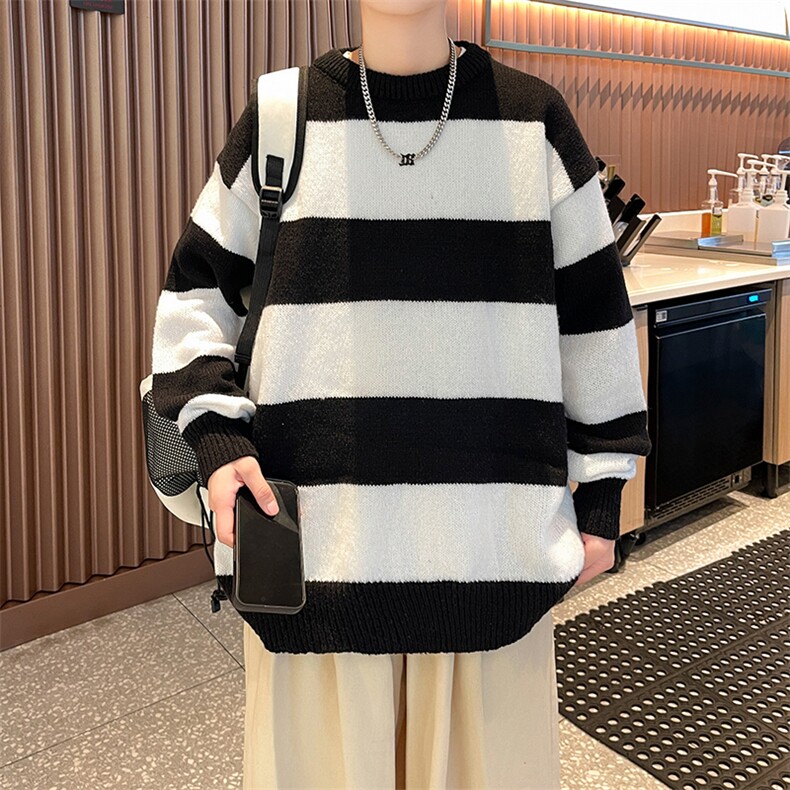 高品质秋款男针织衫圆领套头毛衣条纹拼接打底衫M5627P60,男装针织衫/毛衣,星座1013-1