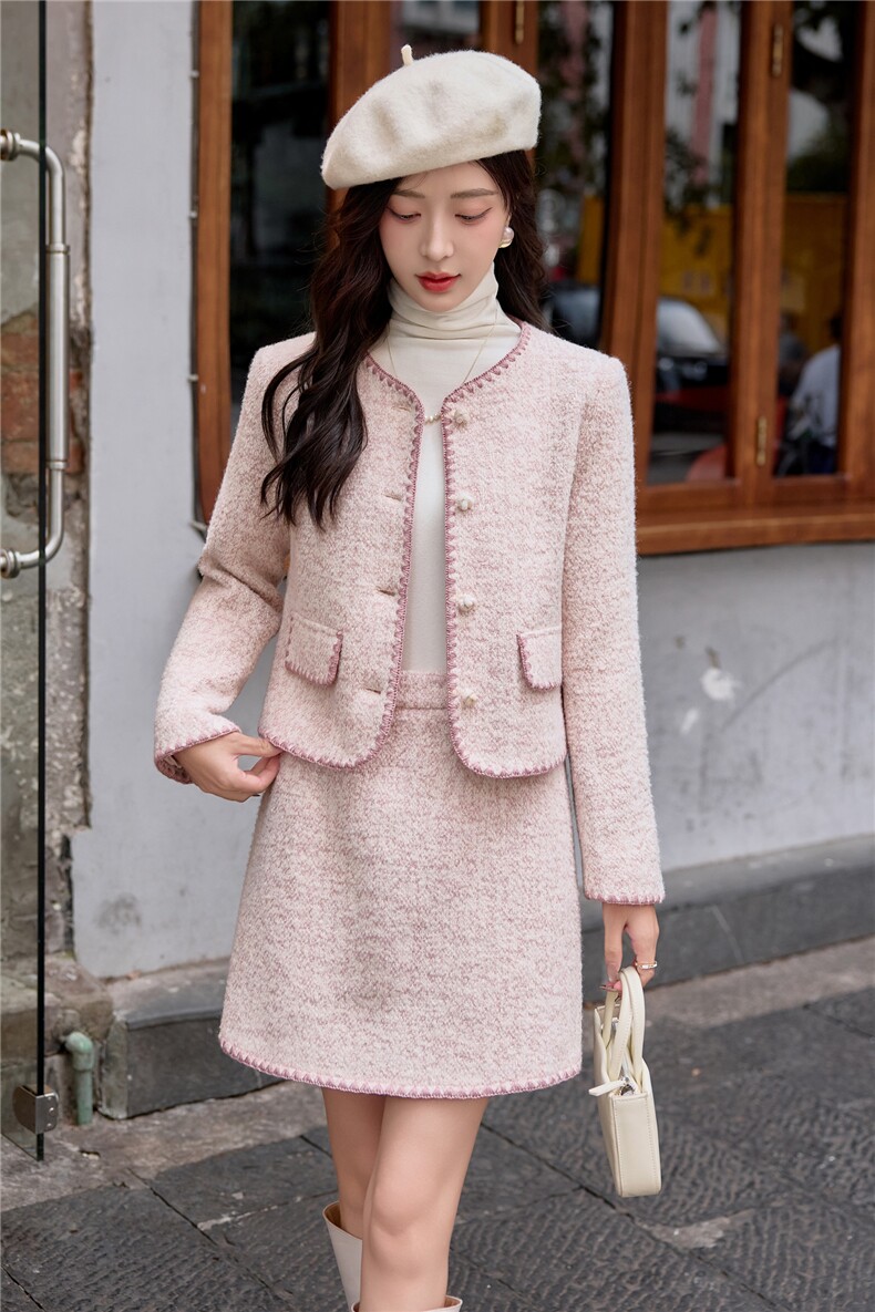 小香风羊毛呢套装裙女2025春秋季新款时尚百搭洋气显瘦短裙两件套,女装套装/套裙,雅静靓衣