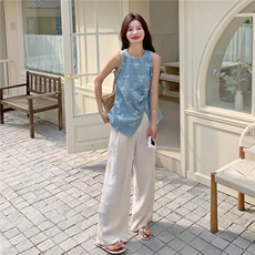 韩系甜美蝴蝶结无袖牛仔背心配裤子女夏2025新款棉麻阔腿裤两件套，女装套装/套裙，2D078