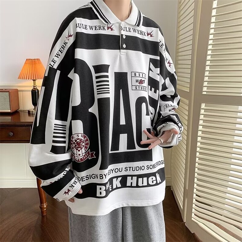 美式高街撞色字母印花长袖Polo卫衣男士潮牌宽松WY673-P40图片
