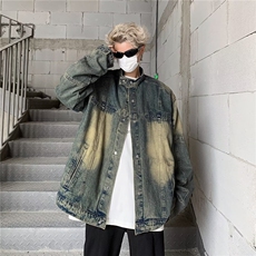 美式复古vibe牛仔外套秋季潮牌宽松水洗做旧上衣痞帅休闲立领夹克，男装夹克，星座601-2