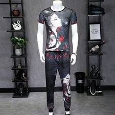 2021夏季新款美女图案男短袖长裤套装钱塘3029-CZ99假模，男装套装，钱塘6006(原3029)