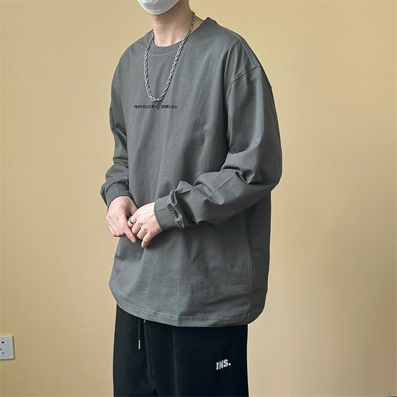 2025春季新款纯棉长袖T恤男潮牌宽松休闲打底上衣A351-AT2526-P40，男装T恤，电商A351