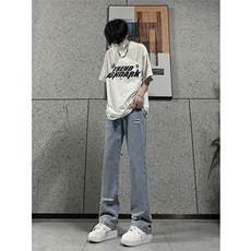 现货夏季显瘦破洞设计感宽松直筒高街薄款休闲牛仔裤K5802-特P35，男装牛仔裤，星座205