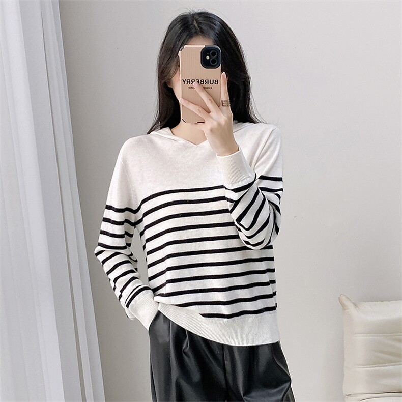 秋冬季羊毛圆领横条纹休闲宽松羊毛衫，女装羊毛衫，米莲尼羊绒