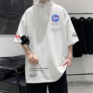 LD54243-P45 NASA连帽短袖t恤男大码胖子带帽五分袖中袖图片