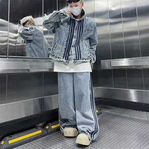 得物品质秋款男牛仔运动套装牛仔条纹夹克条纹牛仔裤TZ0017 P130图片