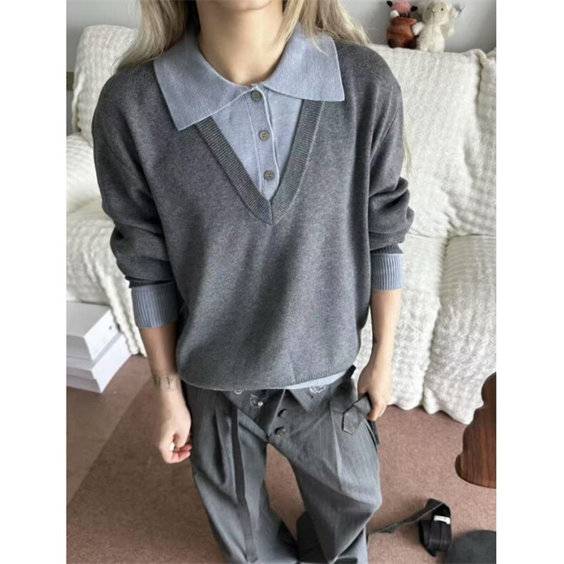 春秋减龄拼接POLO领假两件长袖T恤上衣女修身显瘦打底衫M278，男装T恤，星座1116A（原606A-3）