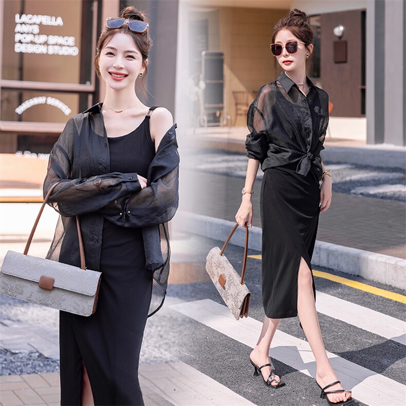 欧货高级感连衣裙套装女2025年夏季新款防晒开衫外套吊带裙两件套，女装套装/套裙，意芙