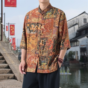 男士衬衫五分袖衬衣中袖印花立领唐装风 XZ1512-2605-P45图片