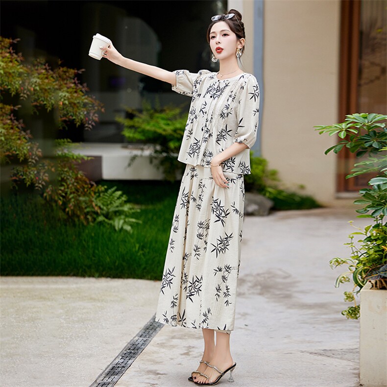 新中式国风印花套装女2025夏季新款宽松显瘦气质上衣半身裙两件套,女装套装/套裙,朵莱米