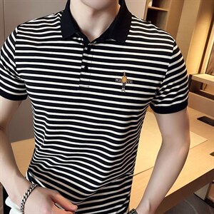 高品质潮牌细条纹小清新高级感短袖t恤男翻领Polo衫上衣T08-P50图片