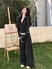 2026高级灰卫衣春秋季新款女装抽褶收腰连帽领假两件撞色修身上衣，女装套装/套裙，艾米莉亚