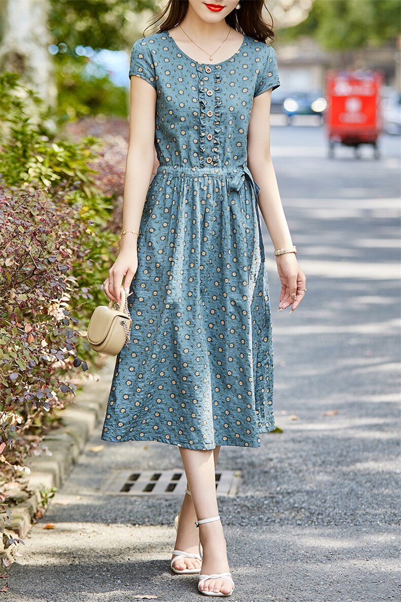 碎花V领连衣裙女夏季薄款2021新款中长款收腰显瘦妈妈棉麻长裙子,女装连衣裙,超帛
