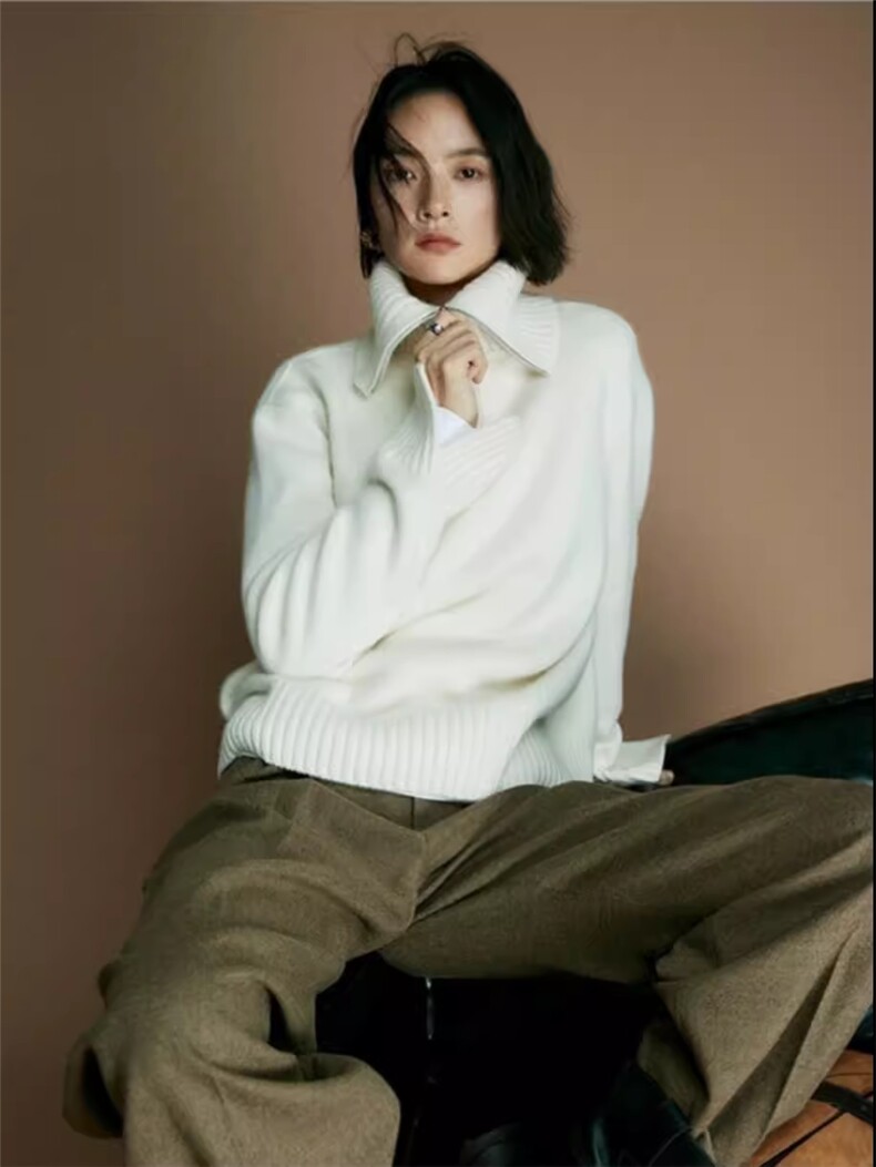 2024年秋季纯色长袖套头翻领时尚气质羊毛针织衫，女装羊毛衫，佑昭祥羊绒