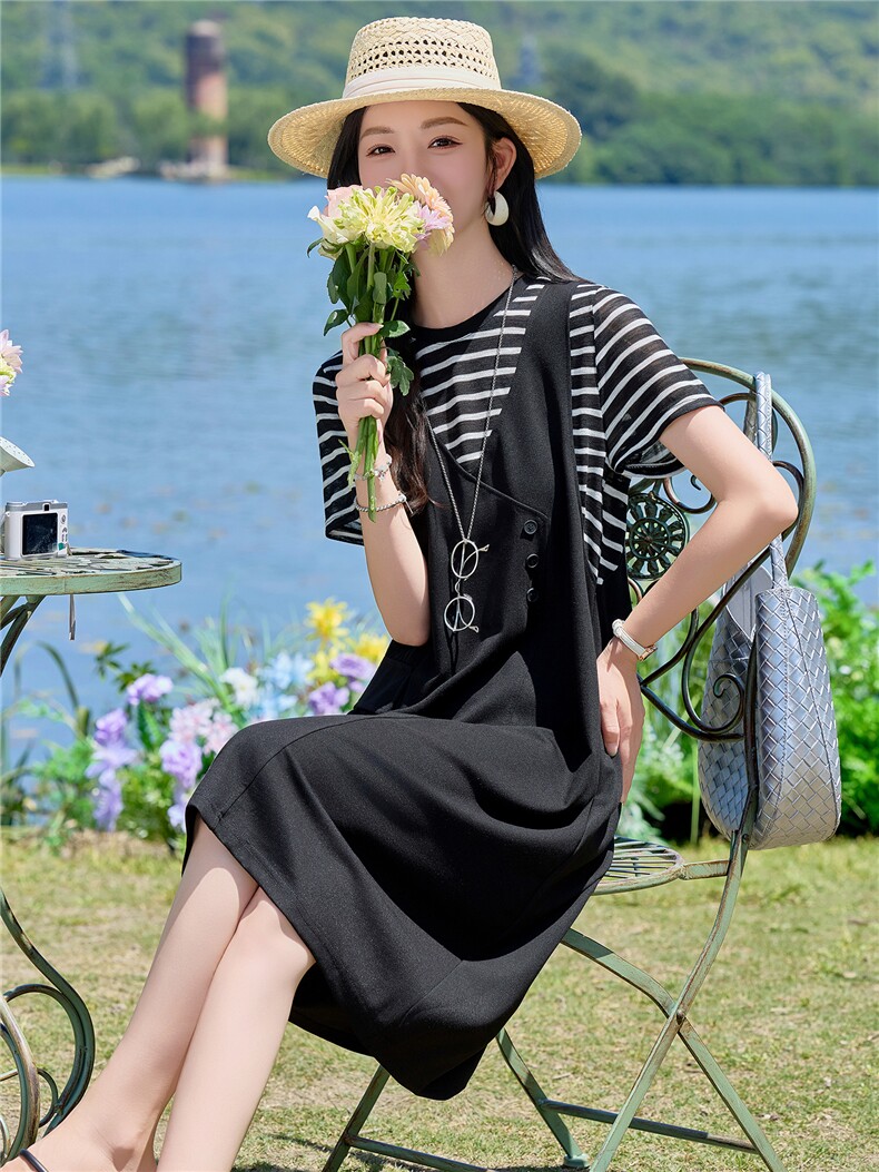 假两件休闲宽松连衣裙女2026夏季新款遮肉显瘦A字裙中长款裙子,女装连衣裙,余墨