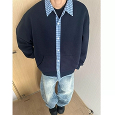(网图慎用)重磅420g华棉假两件宽松格子拼接卫衣W5436-特P48控88，男装卫衣，电商A001