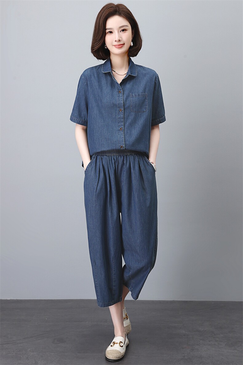 薄款牛仔套装女夏2025新款中年妈妈宽松时尚遮肚子显瘦减龄两件套,女装套装/套裙,悦见她
