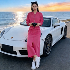 港风时尚休闲套装裙女春季新款玫红色开衫卫衣开叉半身裙两件套潮，女装套装/套裙，江南