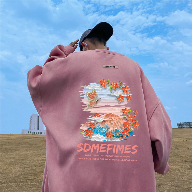 ！23秋季宽松大码港风水彩花麂皮绒圆领卫衣JW19113-p40控58,男装卫衣,星座508（原C305）