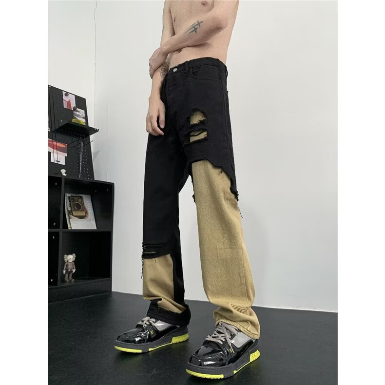 黑白拼接破洞牛仔裤修身直筒潮牌欧美街头vibe微喇叭裤Y9015-P50,男装牛仔裤,星座1109-3