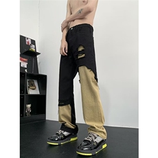 黑白拼接破洞牛仔裤修身直筒潮牌欧美街头vibe微喇叭裤Y9015-P50，男装牛仔裤，星座1109-3