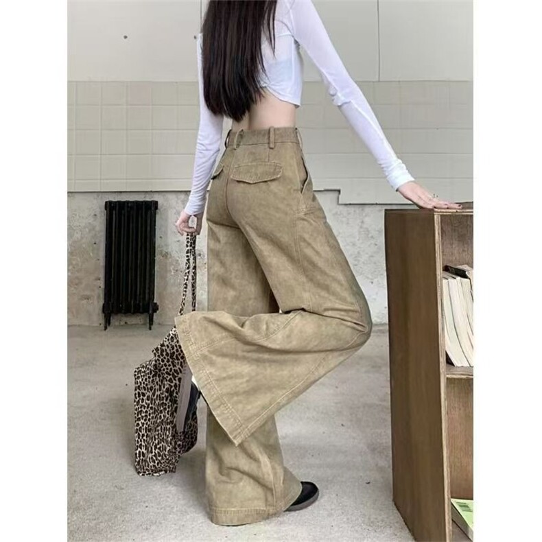 美式复古做旧水洗卡其色牛仔裤女秋季宽松显瘦设计感阔腿拖地长裤,男装牛仔裤,星座506A