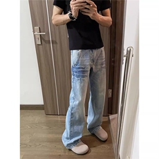 美式复古水洗蓝色宽松休闲牛仔裤男女设计直筒百搭裤子，男装牛仔裤，星座218-1（原230）