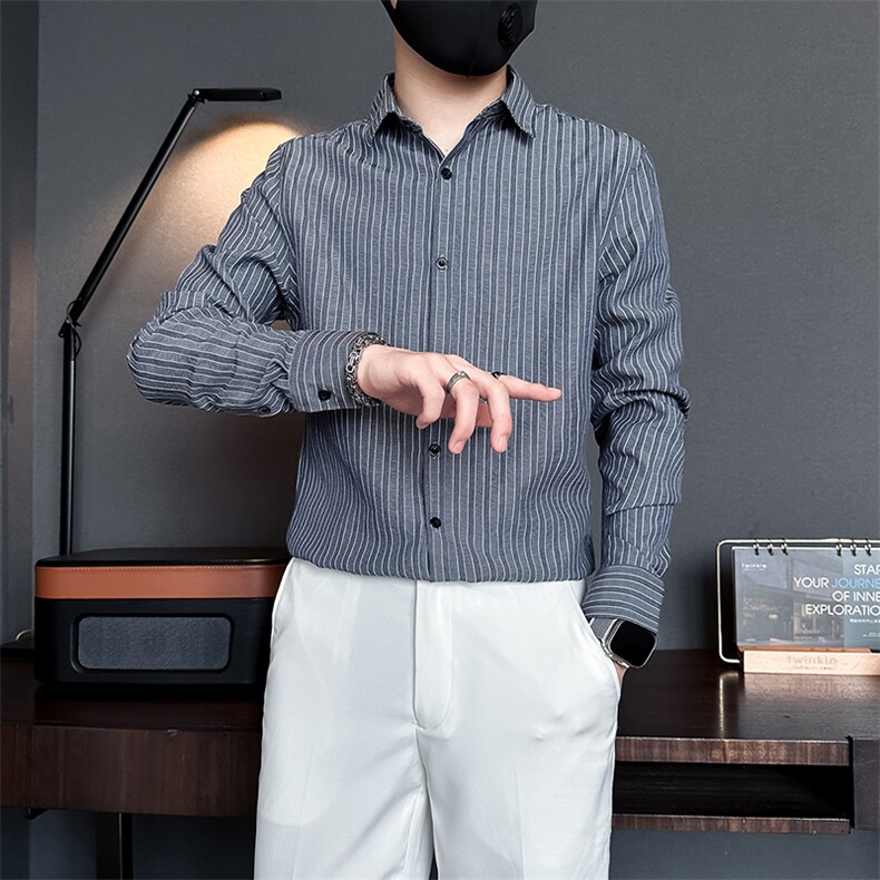 店主风条纹衬衫男长袖修身潮流百搭社会小伙301C-CS07-P58控78,男装衬衫,星座301C（原B323）