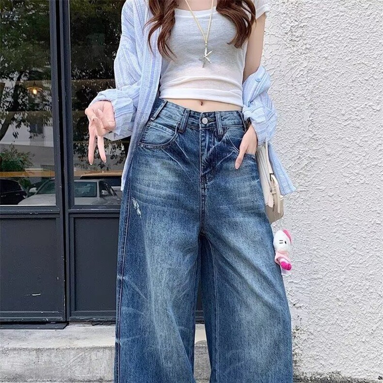 复古浅蓝色慵懒阔腿牛仔裤女秋冬2025新款高腰宽松垂感直筒拖地裤,女装牛仔裤,星座218-8