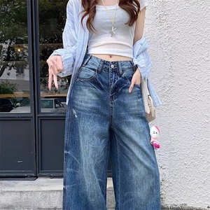 复古浅蓝色慵懒阔腿牛仔裤女秋冬2025新款高腰宽松垂感直筒拖地裤图片