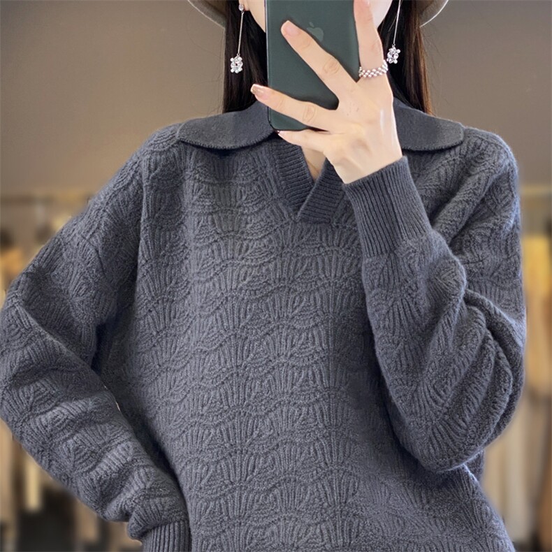2024秋冬季新款翻领长袖女宽松外穿慵懒风羊毛衫,女装羊毛衫,迅太羊绒