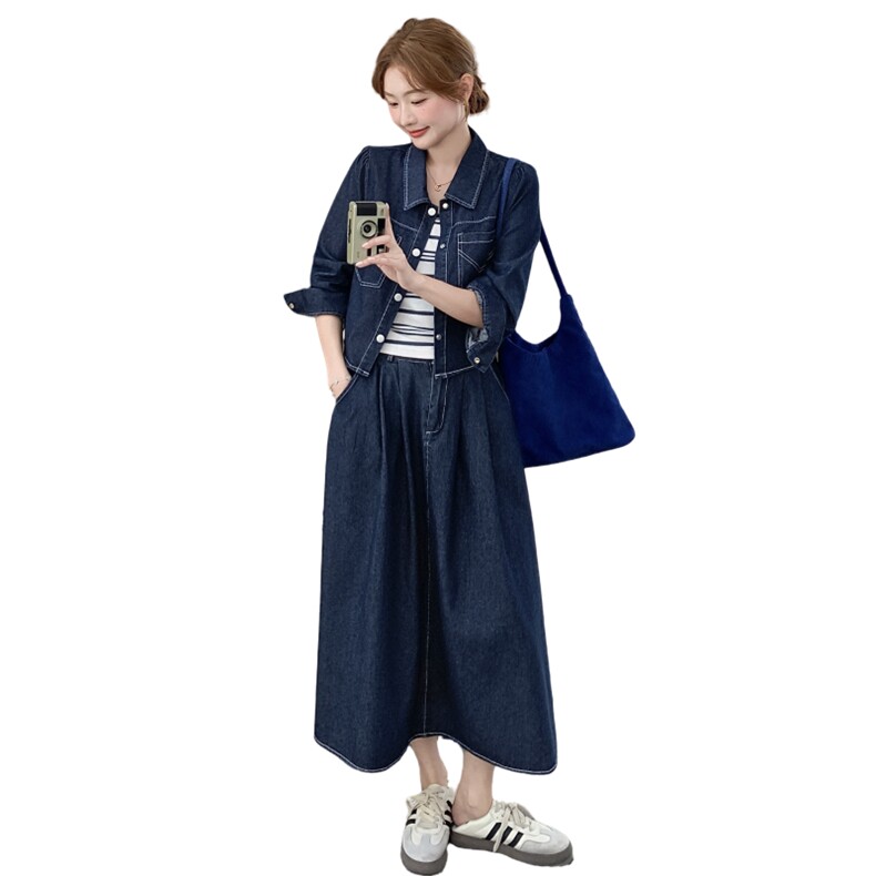 深蓝色牛仔套装女2025秋季新款休闲气质外套条纹背心半身裙三件套,女装套装/套裙,2C159