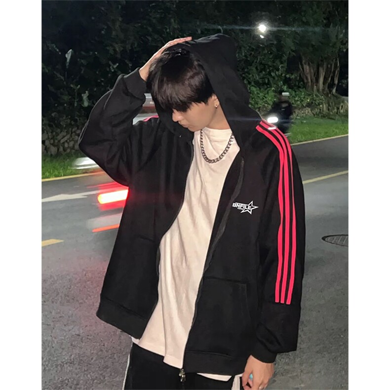 抖音得物 25秋冬重磅全棉三条杠织带连帽卫衣开衫外套AW7101图片