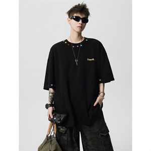 现货-原创-彩色纽扣装饰T恤撞色短袖美式T恤1016-1 T351 P37 K68，男装T恤，星座1016-1（原电商B408-1）