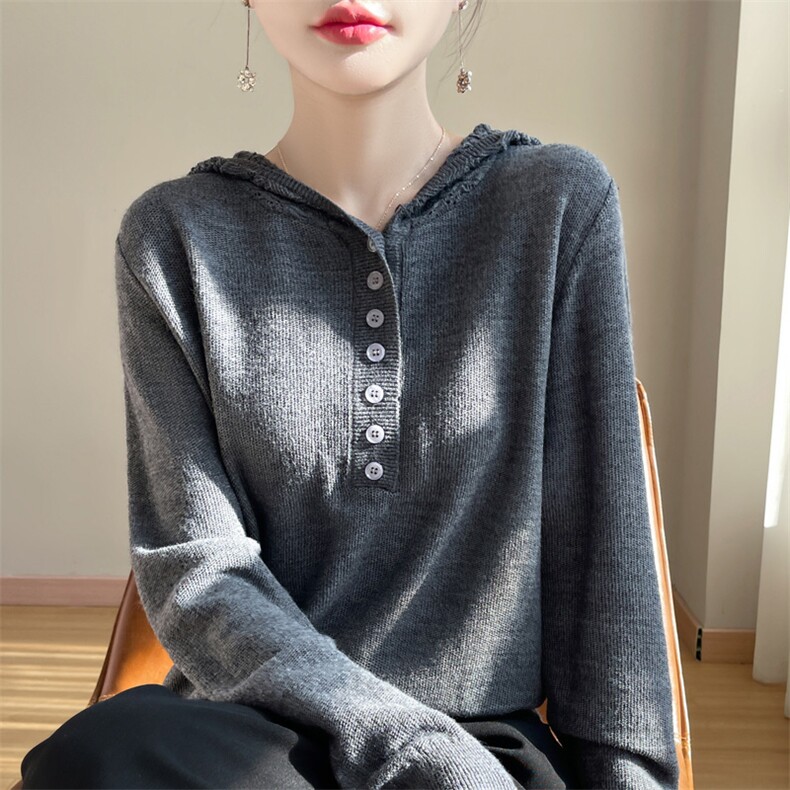 2025年秋季新款百搭女士扣子连帽衫,针织衫/毛衣,百色羊绒