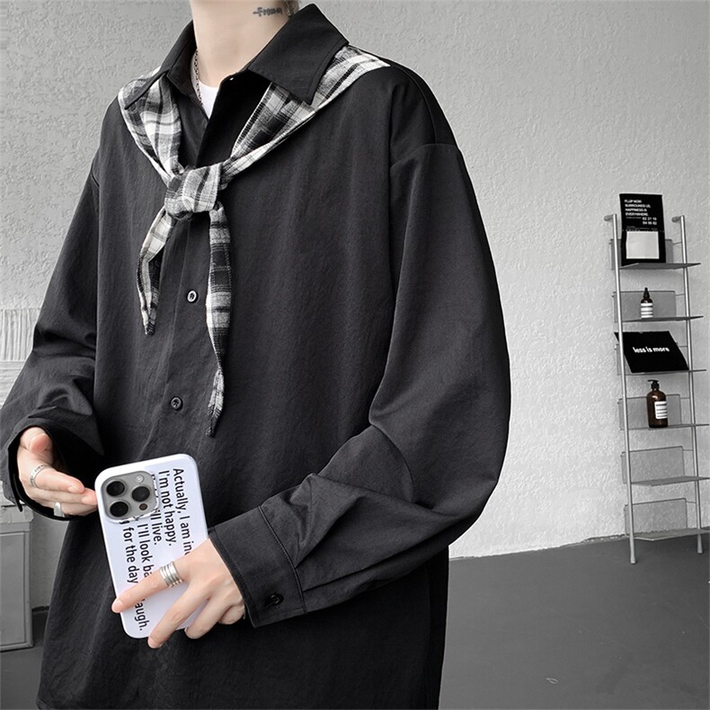 CS1156-特P38控68领巾小众设计感宽松大码衬衫男长袖衬衫外套,男装衬衫,电商A059