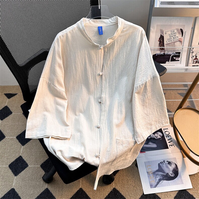 2025新中式七分袖棉麻衬衫短袖衬衣夏汉服马褂潮流现货T1851-P30,男装T恤,星座512-4