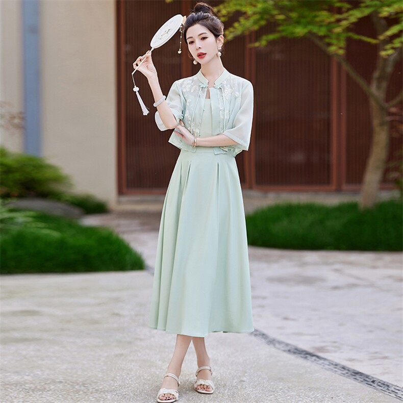 新中式国风吊带裙套装女2024夏季新款时尚高级感茶服连衣裙两件套,女装套装/套裙,芷墨服饰