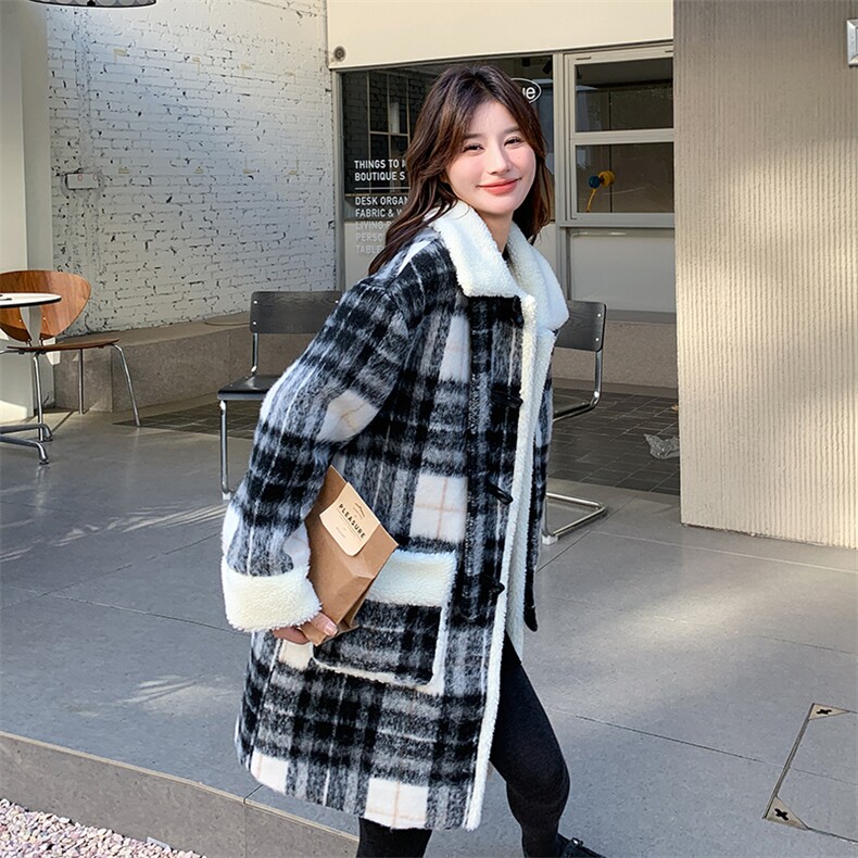 中长款黑白格子羊羔毛夹棉外套2C317A-8830-P205-K295,女装短外套,2C317A